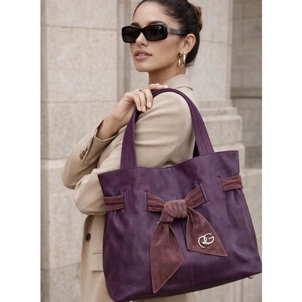 Roberta Gandolfi Purple Leather Tote Made In Italy Large Shoulder Bag Bow Detail